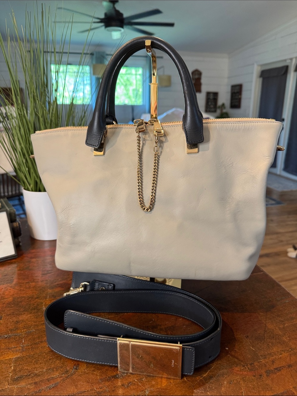 Chloe Two-Tone Leather Satchel in Cream and Black with Gold Chain